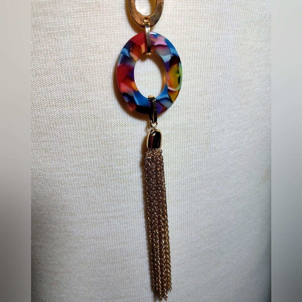 Mosaic Print Pendant Long Gold Tassel Necklace. NWOT